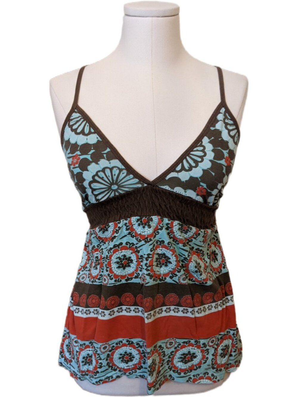 Vintage Y2K Boho Babydoll Tank Top Turquoise Brown Red Floral Indie Retro Cute S